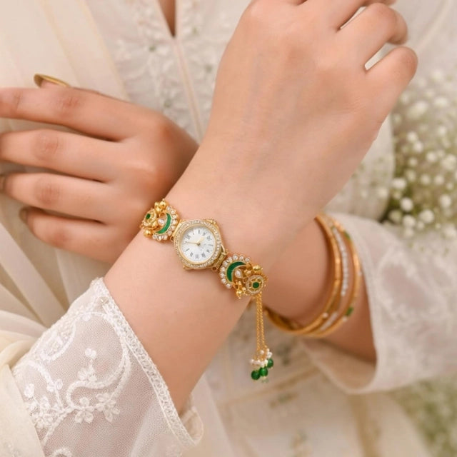 Women Vintage Gold Plated Peacock Bracelet Watch for Women | Meenakari Floral Analog Watch with Tassel Charm