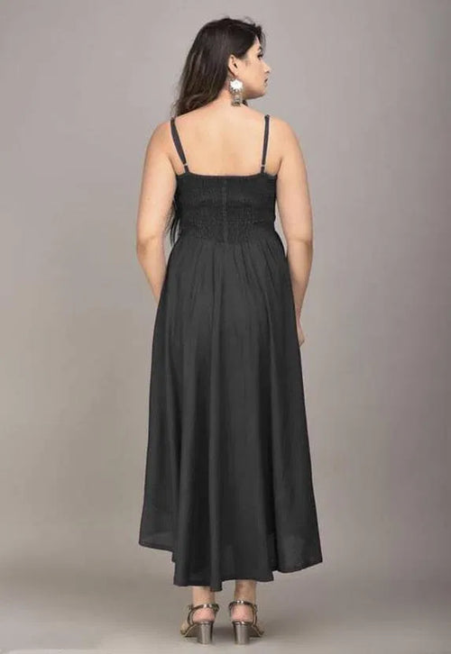 Black Georgette Flared Maxi Dress | Women's Solid Black Spaghetti Strap Maxi Dress | Fit & Flared Sleeveless Evening Party Gown