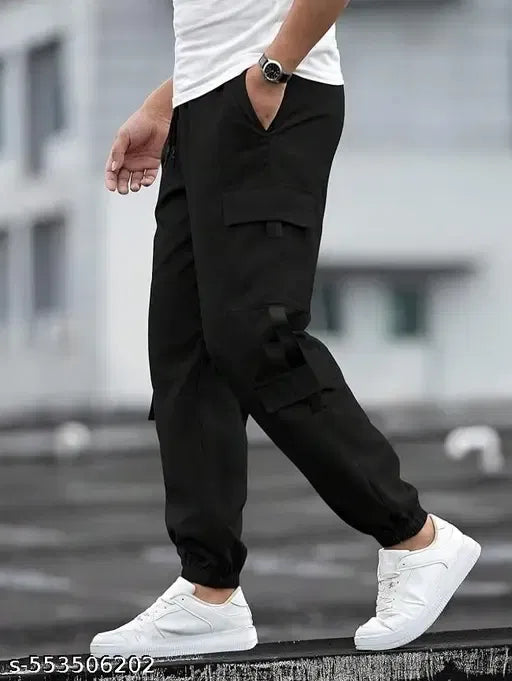 Men's Solid Black Cargo Jogger Pants | Multi Pocket Relaxed Fit Casual Trousers