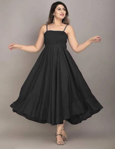 Black Georgette Flared Maxi Dress | Women's Solid Black Spaghetti Strap Maxi Dress | Fit & Flared Sleeveless Evening Party Gown