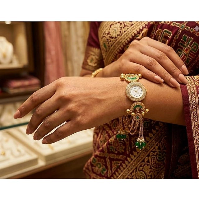 Women Vintage Gold Plated Peacock Bracelet Watch for Women | Meenakari Floral Analog Watch with Tassel Charm