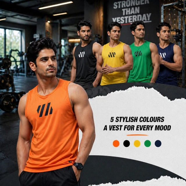PSC Men’s Dry Fit Sleeveless Gym Vest | Breathable Athletic Workout Vest For Training  & Running (Pack Of 5)