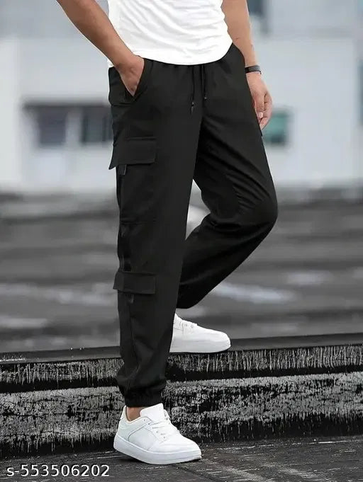 Men's Solid Black Cargo Jogger Pants | Multi Pocket Relaxed Fit Casual Trousers