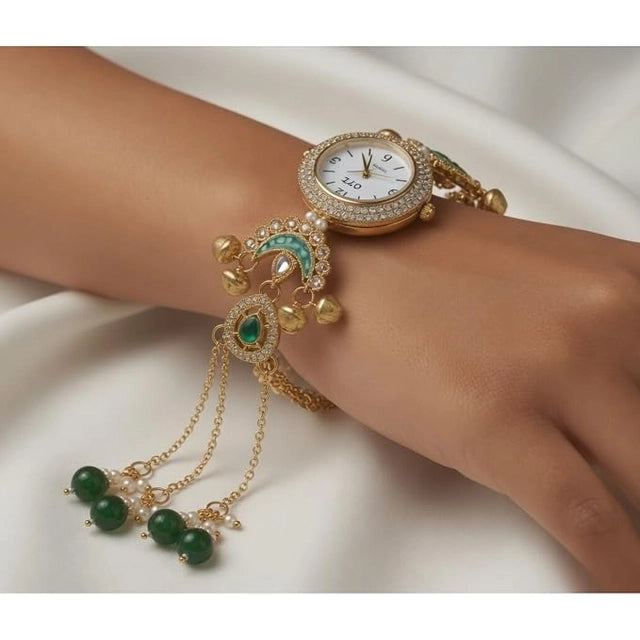 Women Vintage Gold Plated Peacock Bracelet Watch for Women | Meenakari Floral Analog Watch with Tassel Charm