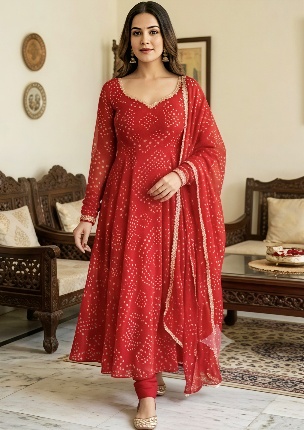 Red Bandhani Printed Anarkali Suit Set With Sweetheart Neck & Dupatta