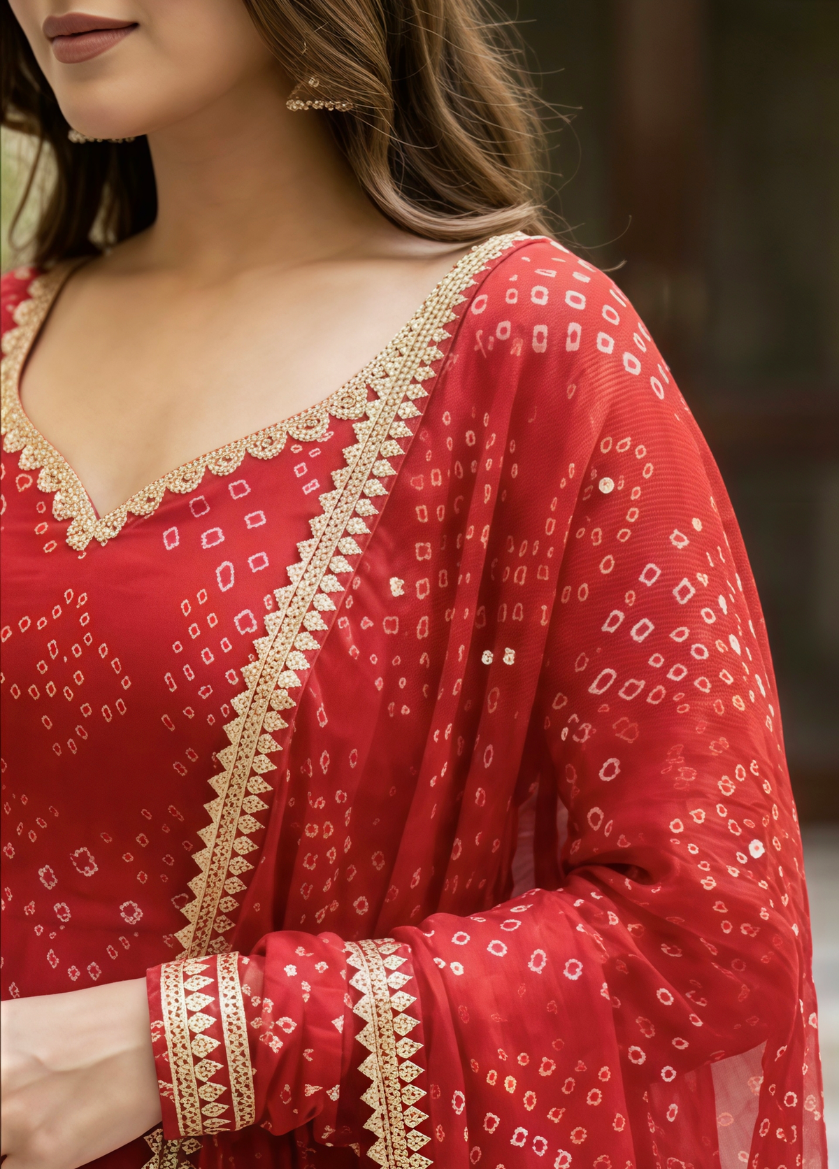 Red Bandhani Printed Anarkali Suit Set With Sweetheart Neck & Dupatta