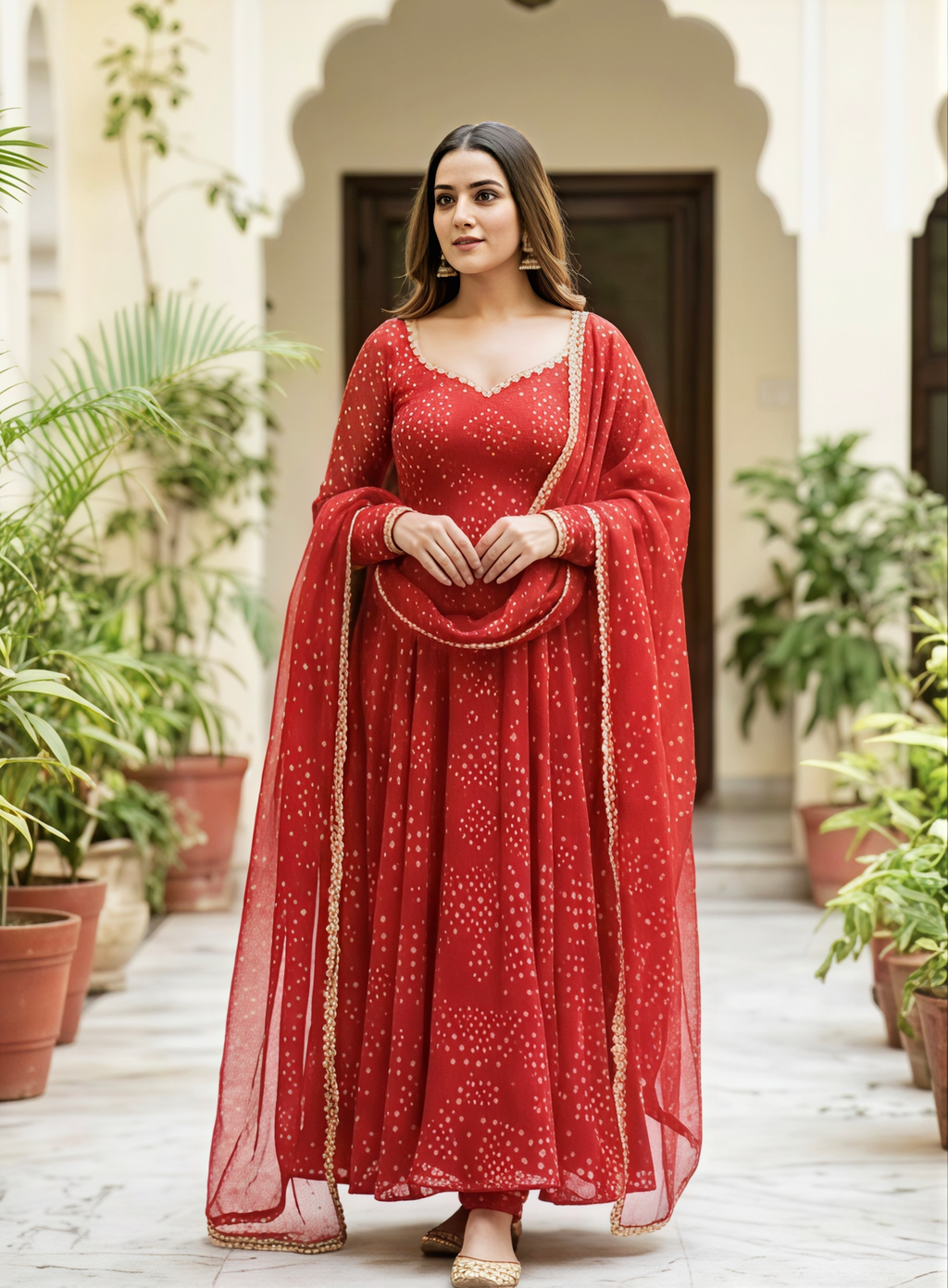 Red Bandhani Printed Anarkali Suit Set With Sweetheart Neck & Dupatta